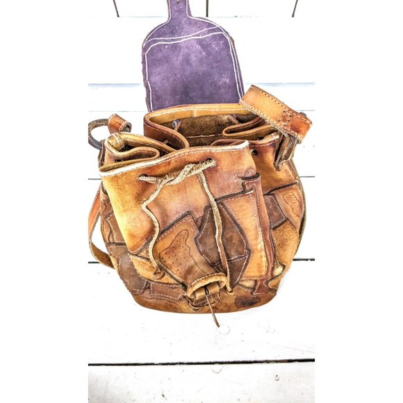 70’s vintage brown tooled patchwork leather drawstring bucket bag shoulder purse - Picture 10 of 10